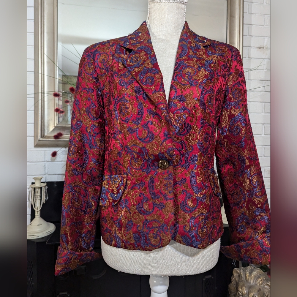Vintage Isabel Red Gold Metallic Brocade Rhinestone Blazer Jacket USA Made M